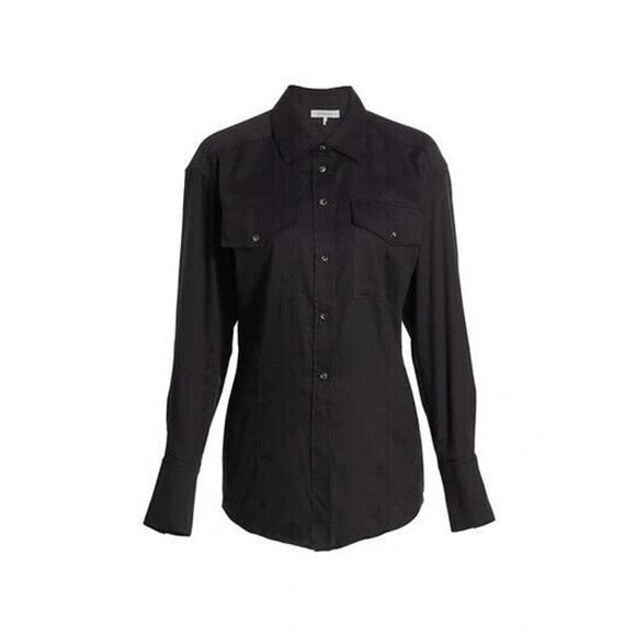 FRAME Arie Linen Blend Button Down Shirt Black Noir Long Sleeve Cutaway L - Picture 1 of 10